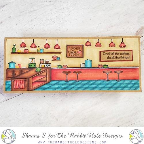 The Rabbit Hole Designs - Stamp Set 4x6 - Coffee Shop Background. Deeply etched, clear photopolymer stamps for precise placement. Featuring the artwork of Dustin Pike. Made in the USA. Available at Embellish Away located in Bowmanville Ontario Canada. Card design by Shanna S.