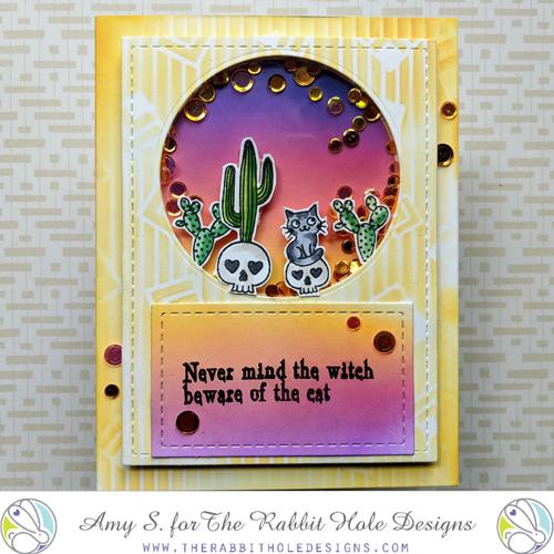 The Rabbit Hole Designs - Stamp Set - 4x4 - Country Witch. Deeply etched, clear photopolymer stamps for precise placement. Made in the USA. Coordinates with Country Witch Dies. Available at Embellish Away located in Bowmanville Ontario Canada. Card design by Amy S.