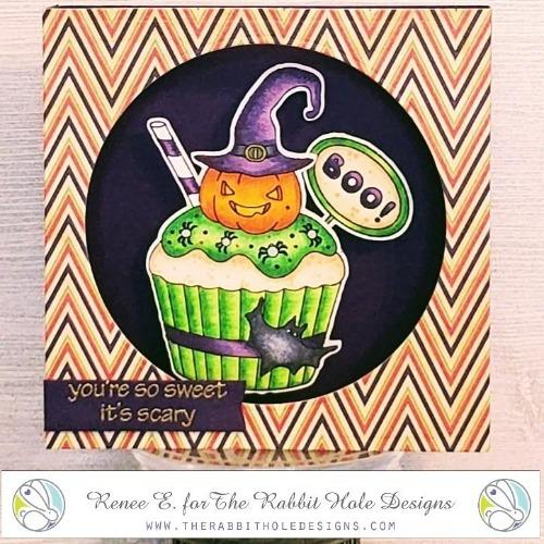 The Rabbit Hole Designs - Stamp Set - 3x4 - Halloween Cupcake. Deeply etched, clear photopolymer stamps for precise placement. Made in the USA. Coordinates with Halloween Cupcake Die. Available at Embellish Away located in Bowmanville Ontario Canada. Card design by Renee E.