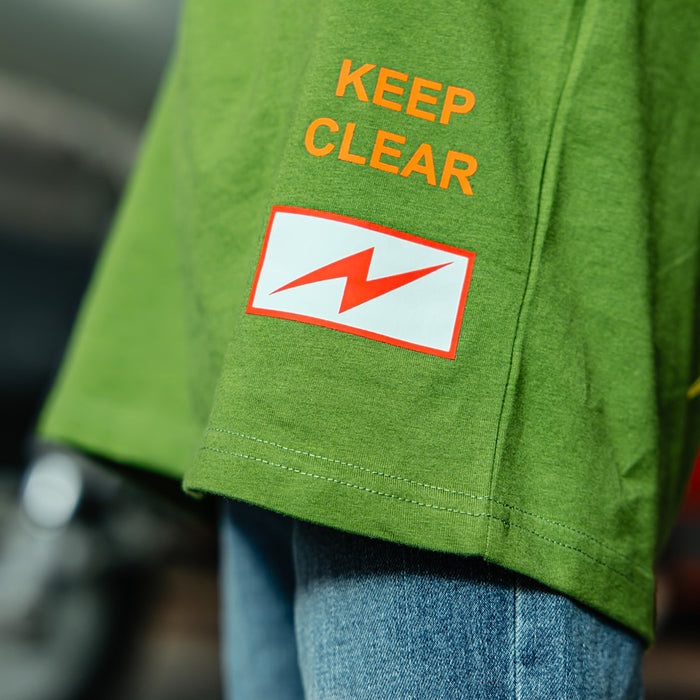 Close up of 'KEEP CLEAR' lettering and lightening bolt on Youth T-shirt