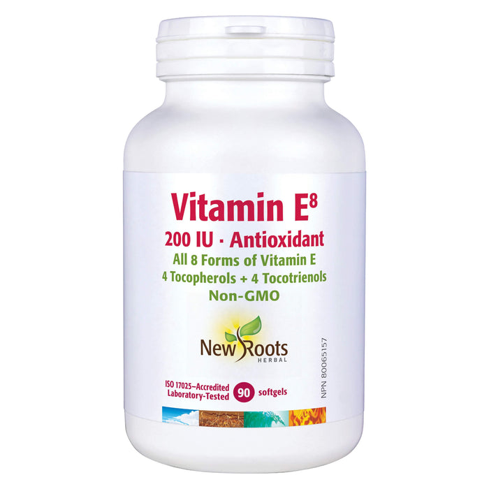 Bottle of New Roots Vitamin E8 200IU 90 Softgels