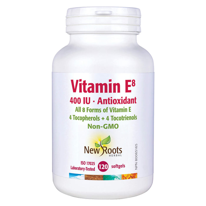 Bottle of New Roots Vitamin E8 400 IU 120 Softgels