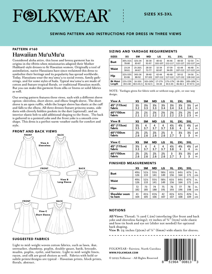 Back cover of the pattern with line drawings, sizing charts, fabric suggestions, and notions.
