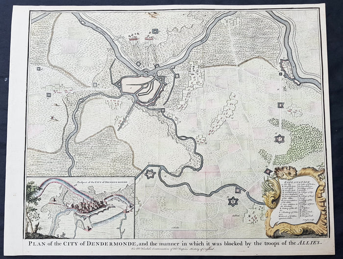 1745 Tindal Antique Map Battle Plan & View Siege of Dendermonde, Belgium in 1706