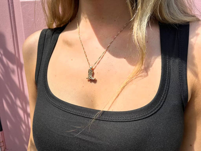 18K gold plated cowboy boot with spur pendant necklace, Sweet Cherry Sky jewelry, detailed Western-style design.
