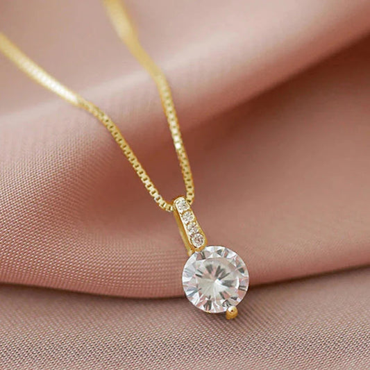 18K Gold Plated Sparkling Round CZ Solitaire Crystal Pendant Box Chain Necklace