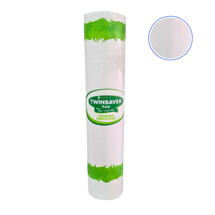 KC6554 Medical Paper Bed Roll | Roll of Twinsaver paper medical towel with green label on a white background