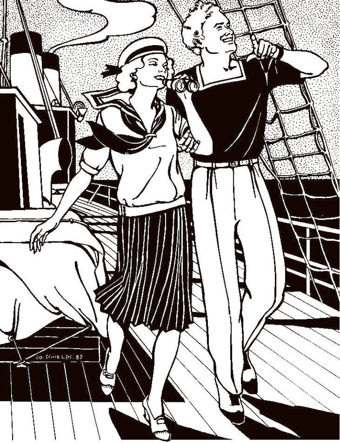 Black and white pen and ink drawing by artist Gretchen Shields.  Man and woman walking on a ship both wearing 211 Two middies.