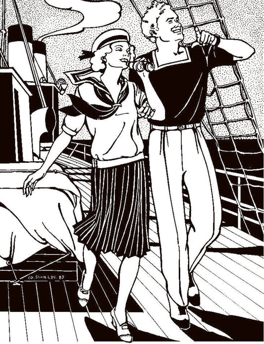 Black and white pen and ink drawing by artist Gretchen Shields.  Man and woman walking on a ship both wearing 211 Two middies.