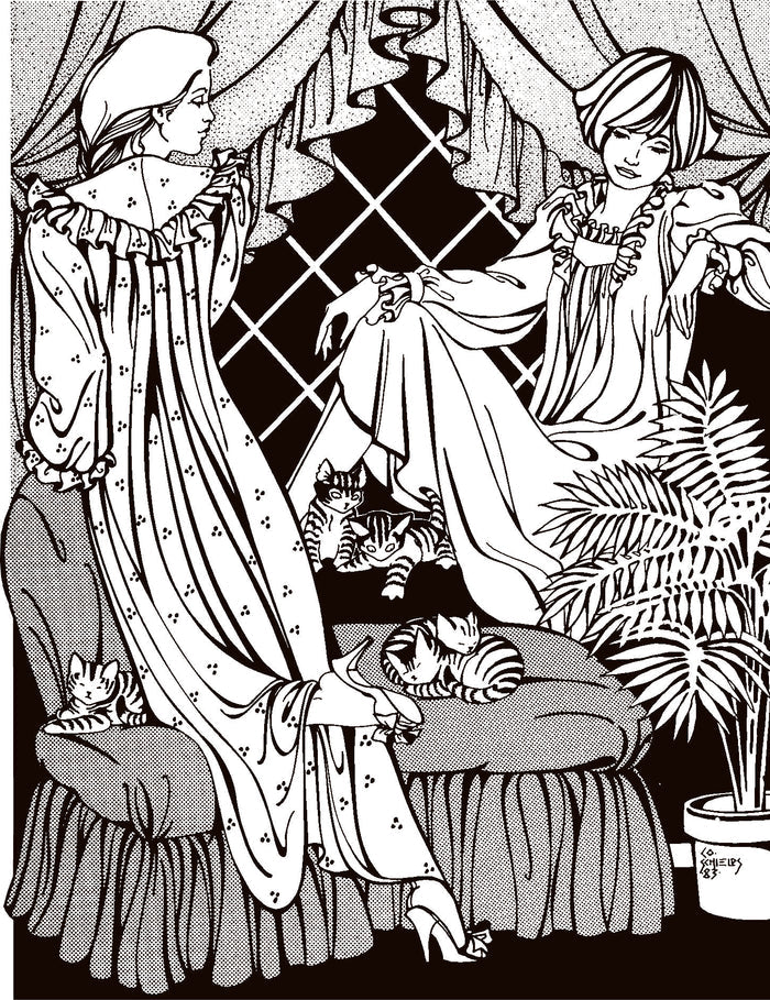pen and ink drawing of two women wearing beautiful dreamer nightgowns sitting and kneeling on cushions with kittens.