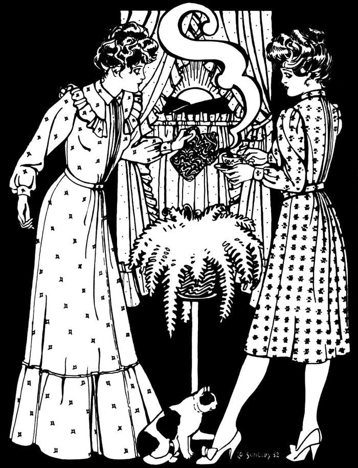 pen and ink ullustration by Gretchen Schields of two women pouring tea wearing the Calico Day Dress.