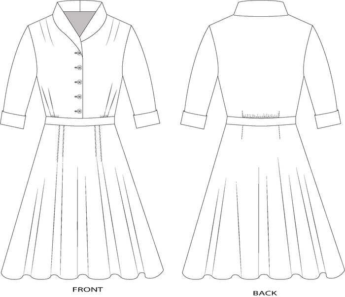 Black and white flat line pattern drawings of front and back view of 247 Lindy Shirtdress