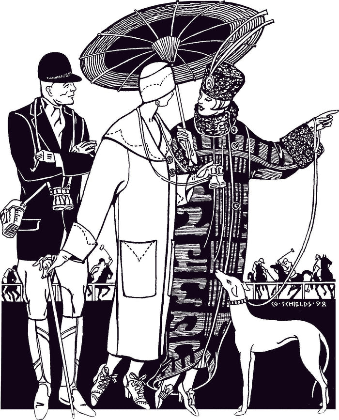 Pen and Ink illustrations of the two views of the Spectator Coat on two women.