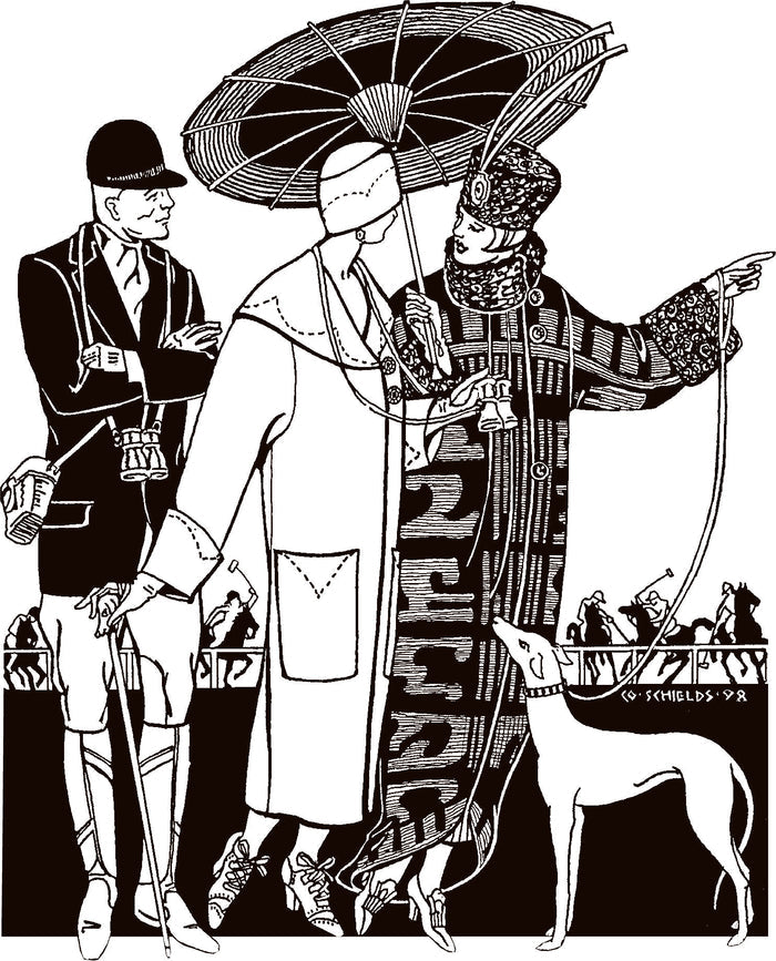 Pen and Ink illustrations of the two views of the Spectator Coat on two women.