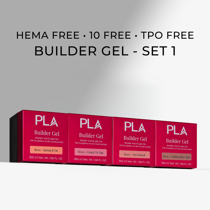 Set of PLAs Builder Gel boxes with product details on a gray background