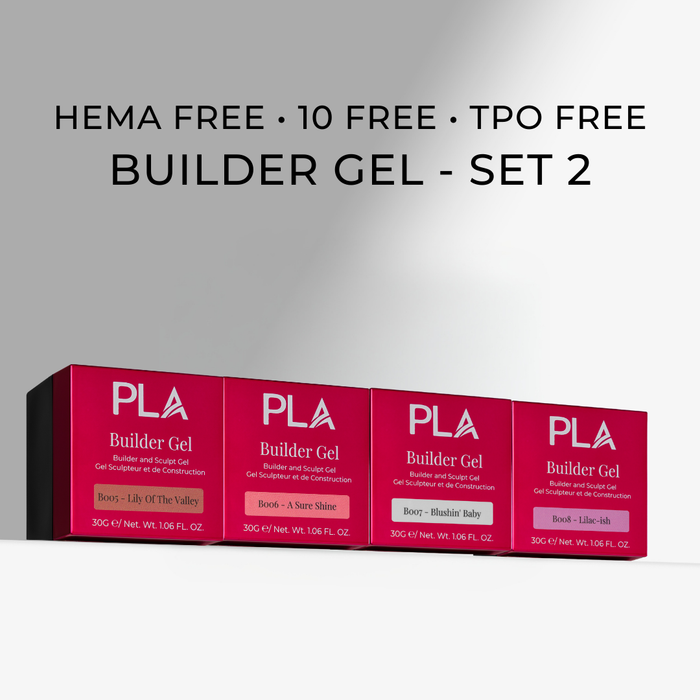 Set of four pink boxes labeled 'PLA Builder Gel' on a gray background with text indicating 'HEMA FREE, 10 FREE, TPO FREE'.