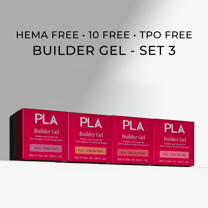 Pink boxes of PLA Builder Gel on a gray background with text indicating 10-free ingredients.