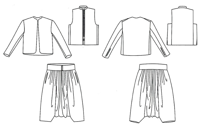 Line drawings of components of Algerian Suit: a jacket, vest, and skirt on a white background