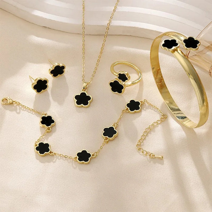 5pc Lucky Black Flower Fashion Pendant Necklace, Earrings, Bracelet Jewelry Set