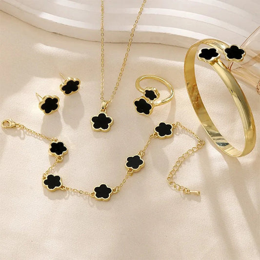 5pc Lucky Black Flower Fashion Pendant Necklace, Earrings, Bracelet Jewelry Set