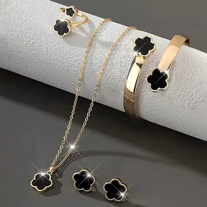 5pc Lucky Black Flower Fashion Pendant Necklace, Earrings, Bracelet Jewelry Set