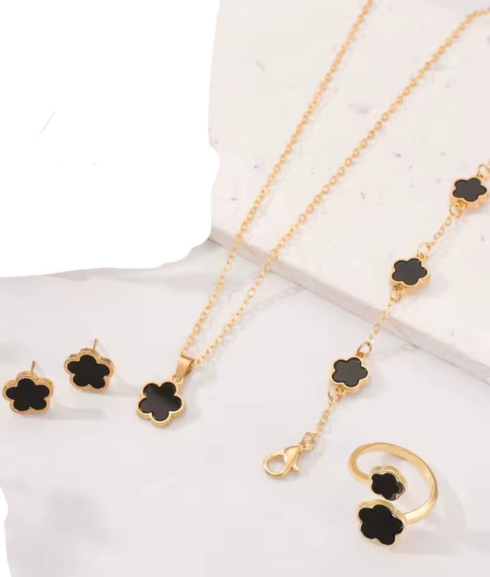 5pc Lucky Black Flower Fashion Pendant Necklace, Earrings, Bracelet Jewelry Set