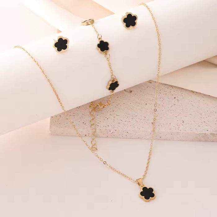5pc Lucky Black Flower Fashion Pendant Necklace, Earrings, Bracelet Jewelry Set