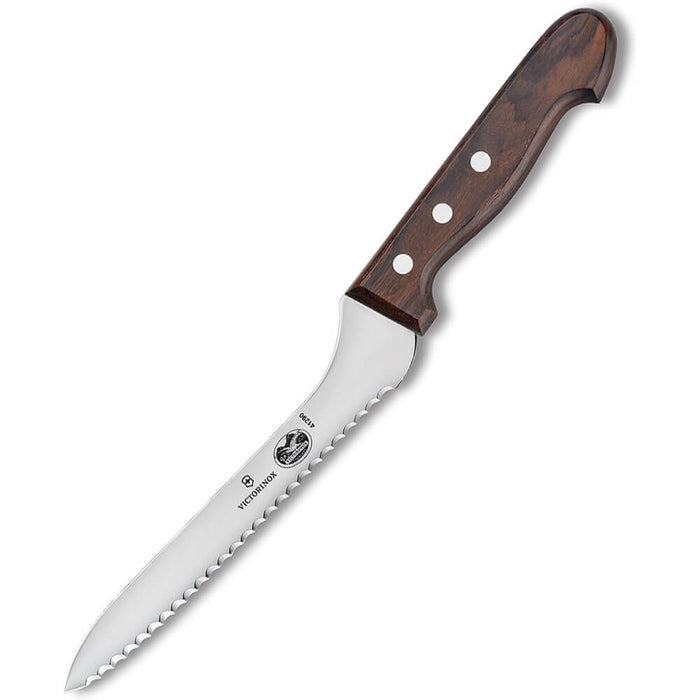 A 7.5 inch Victorinox bread knife with a serrated edge and an ergonomic brown handle.