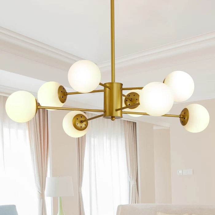 8-Light Gold Chandelier with White Glass, Mid-Century Design