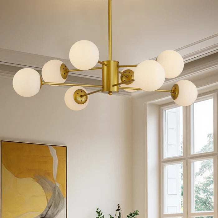 8-Light Gold Chandelier with White Glass, Mid-Century Design