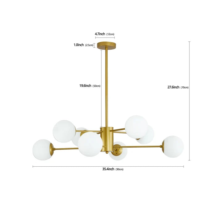 8-Light Gold Chandelier with White Glass, Mid-Century Design
