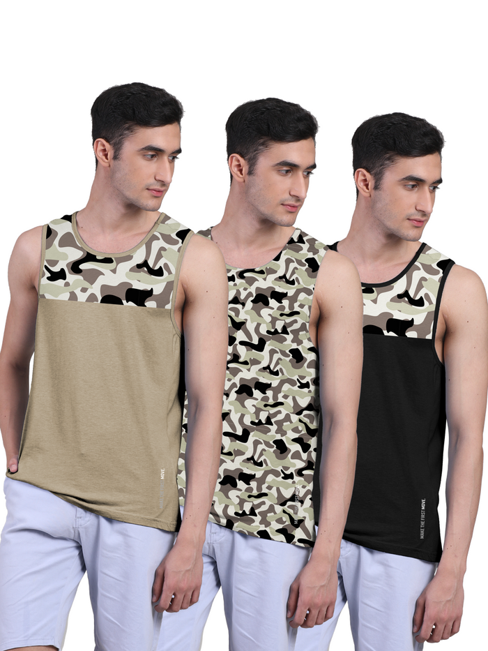 Active Vest For Men's Front Yoke Camouflage Regular Organic Bamboo Vest - Active Fit (Pack of 3)