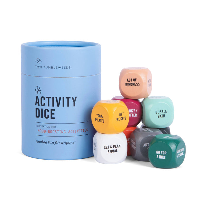 Set of activity dice from Two Tumbleweeds, featuring colorful cards and game designs for interactive fun and creativity.