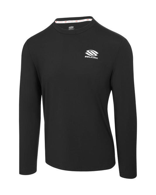 Black long-sleeve crew-neck athletic shirt with small white SELKIRK logo on left chest
