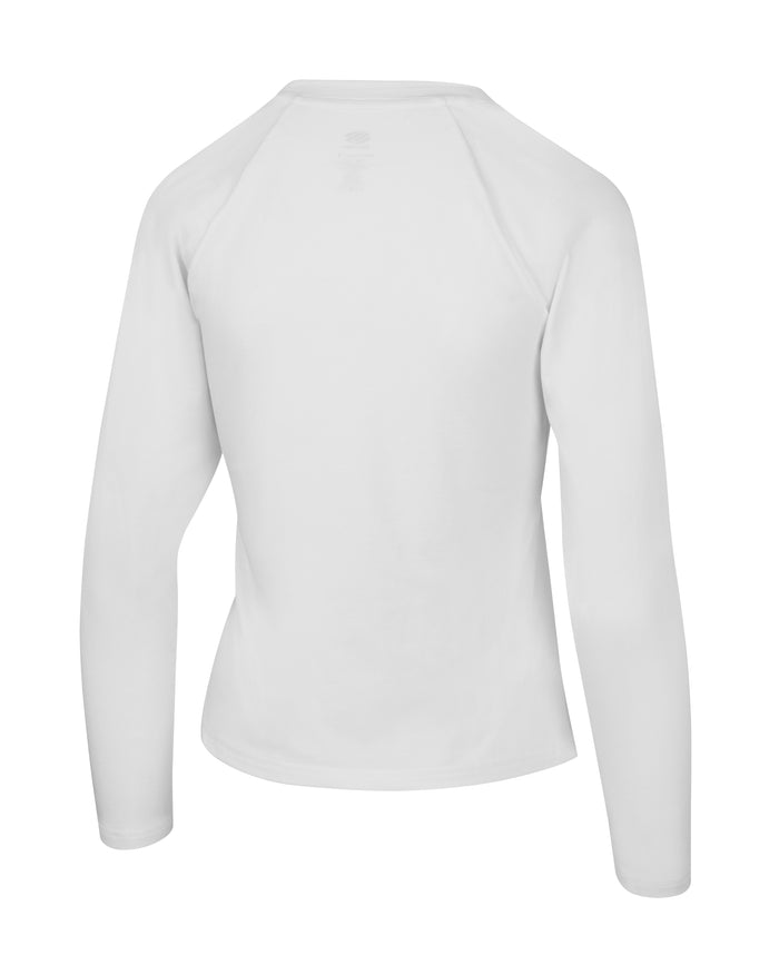Back view of AeroFiber Collection Women’s Long-Sleeve Shirt showcasing white fabric and back design with a white background