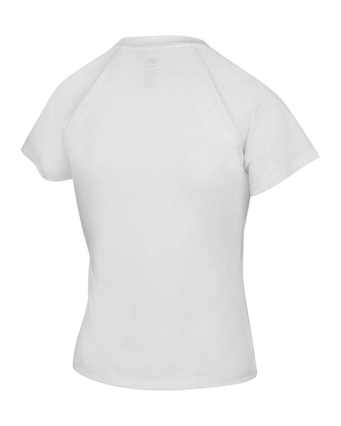 Back view of AeroFiber Collection women’s short-sleeve shirt showcasing white fabric on a plain background