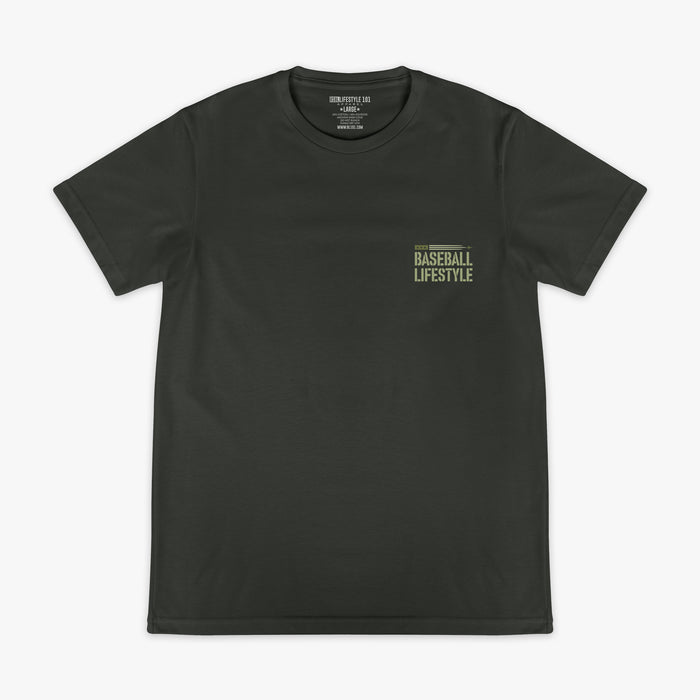 Dark Grey T- shirt with green lettering that says 'BASEBALL LIFESTYLE' in the top right corner