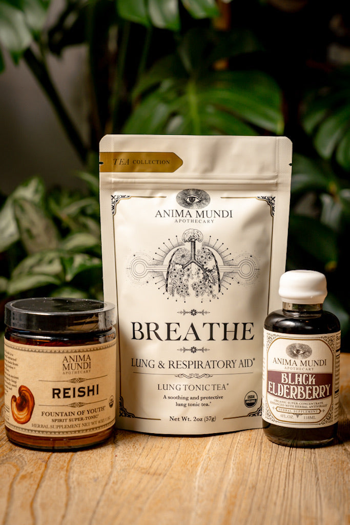 Anima Mundi health products including a package labeled 'Breathe', 'Reishi', and 'Black Elderberry' on a wooden surface with plants in the background.