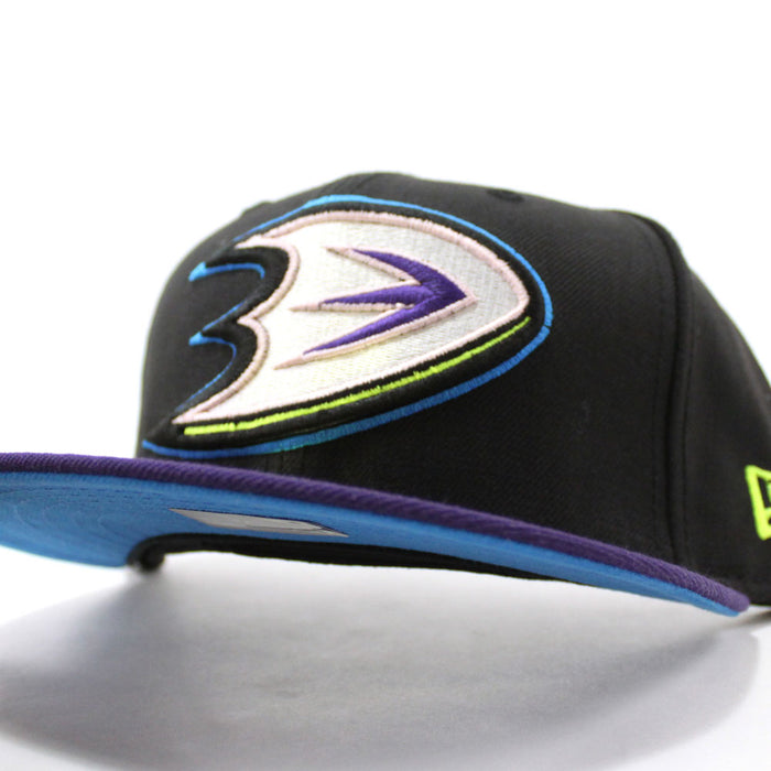 Anaheim Ducks New Era 59FIFTY Fitted Hat (Black Purple Light Blue Under Brim)