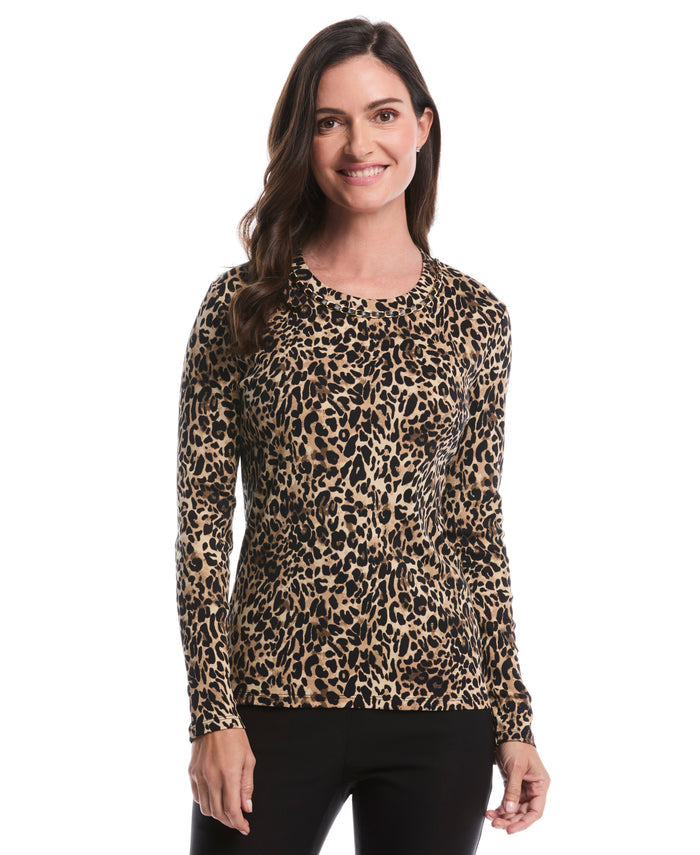Animal Print Chain Neck Detail Top (Black)