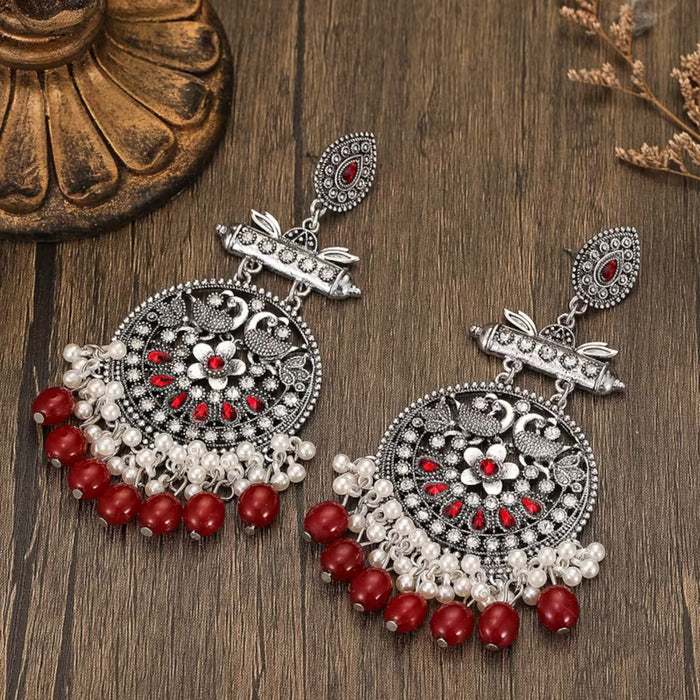 Antique Silver Red Long Drop Dangle Oxidized Peacock Statement Jhumka Earrings