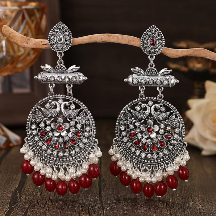 Antique Silver Red Long Drop Dangle Oxidized Peacock Statement Jhumka Earrings
