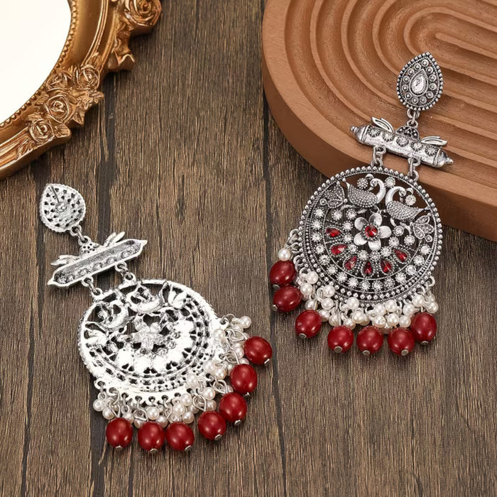 Antique Silver Red Long Drop Dangle Oxidized Peacock Statement Jhumka Earrings
