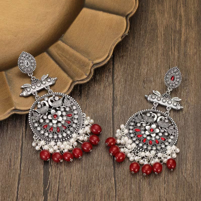 Antique Silver Red Long Drop Dangle Oxidized Peacock Statement Jhumka Earrings