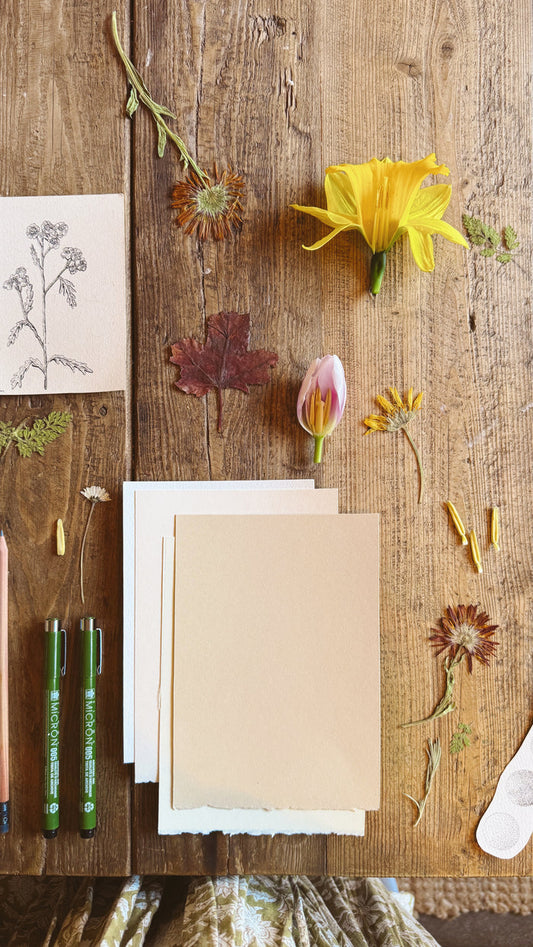 Stationery items including cards and markers on a wooden surface with pressed flowers.