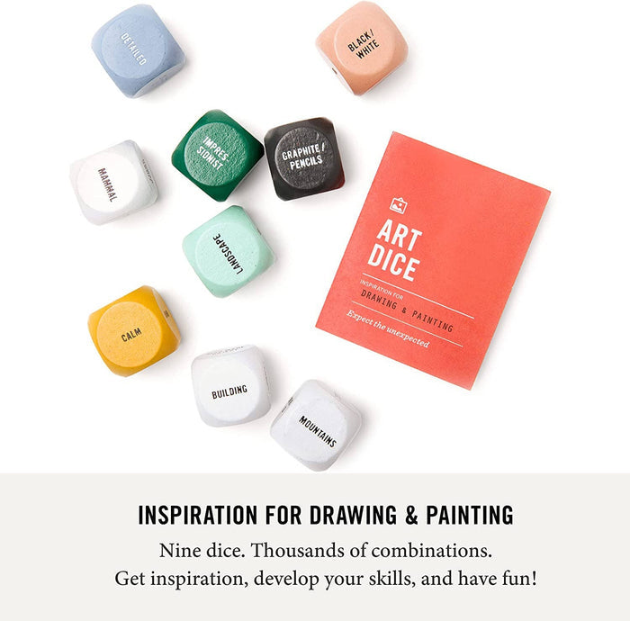 A deck of Art Dice cards and game set by Two Tumbleweeds featuring colorful artistic designs on the cards.
