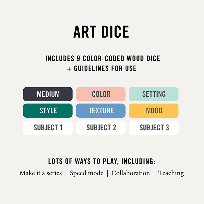Set of Art Dice cards and game components by Two Tumbleweeds, featuring colorful artwork and game instructions.