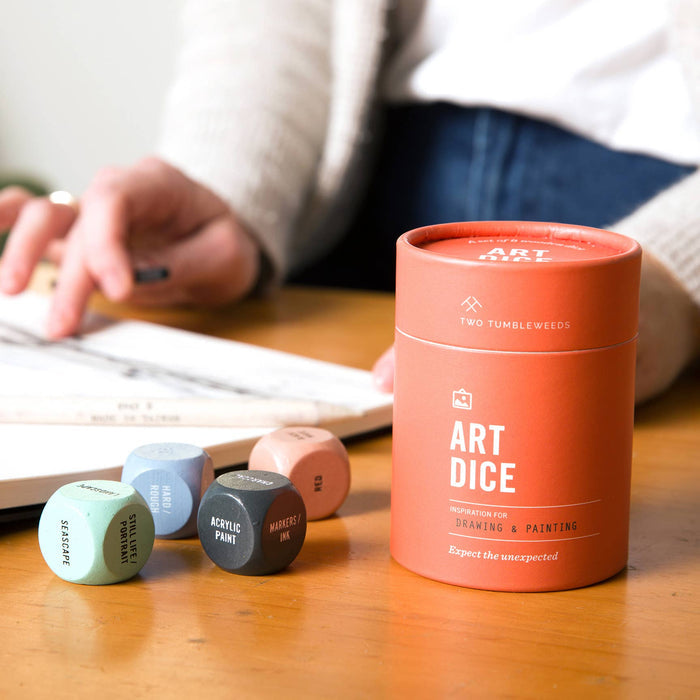 Art Dice cards and games by Two Tumbleweeds featuring colorful illustrated dice with artistic designs and game elements.