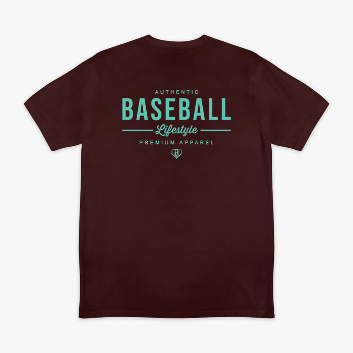 Brown shirt with teal baseball lifestyle logo