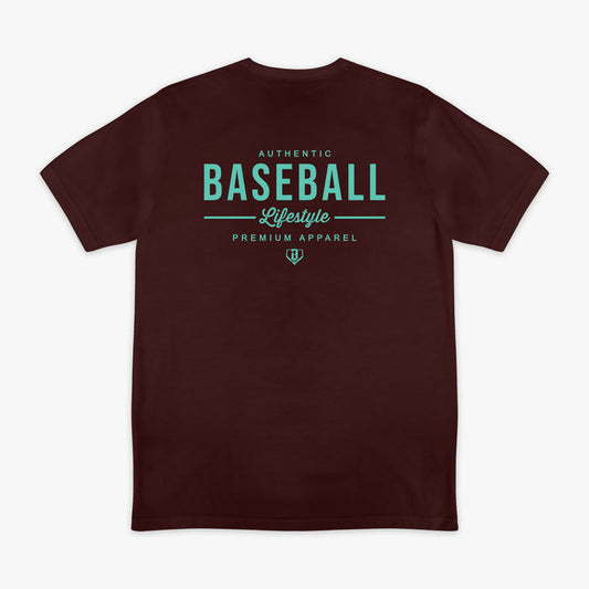 Brown shirt with teal baseball lifestyle logo